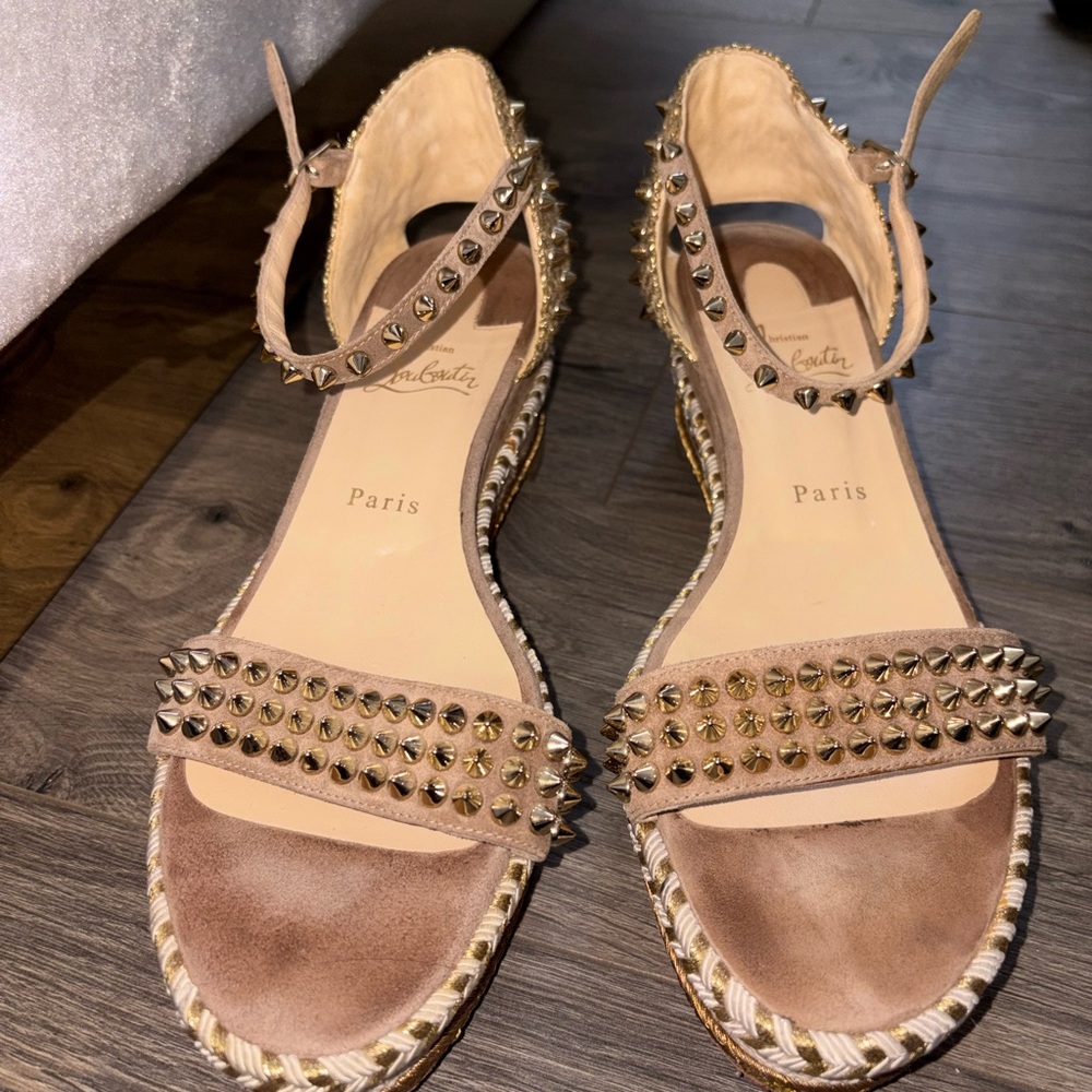 Louboutin Studded Suede Ankle-Strap gold/white/nude red bottoms❤️❤️‍🔥 - Picture 2 of 5